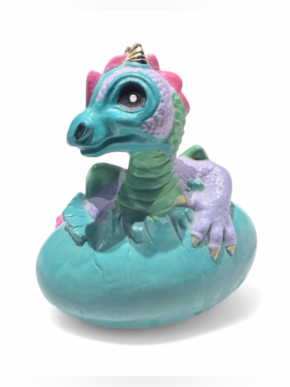 Vintage 90s Hand Painted Ceramic Baby Dragon Hatching Egg Figurine Artist Signed